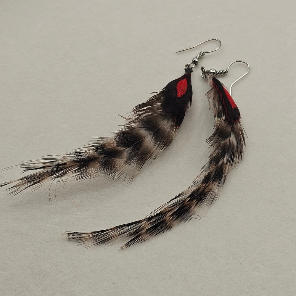 Feather Dangle Earrings‎ 4"+ Brown Red Grizzly Striped Boho Chic Tribal Western - Picture 6 of 12